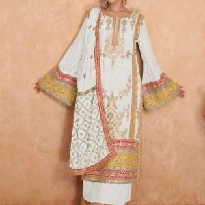 White Multi Embroidered Wedding Palazzo Suit